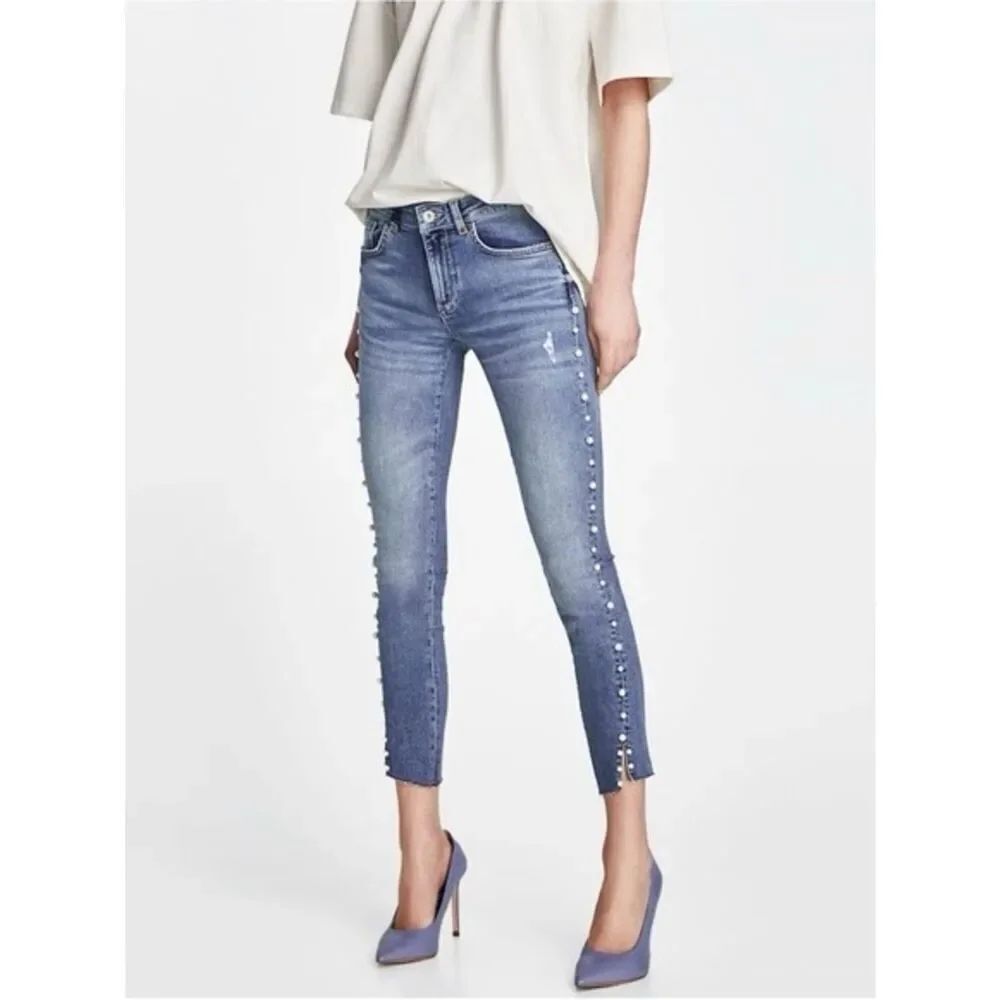 NWT Zara Size 2 Mid Rise Blue Skinny Jeans with Studs Rhinestones